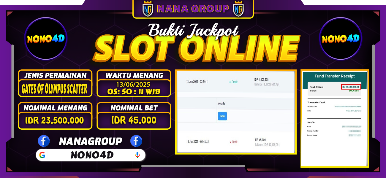 Bukti Kemenangan Besar Dibayar lunas Member NONO4D RP 23.500.000, 13 Juni 2025