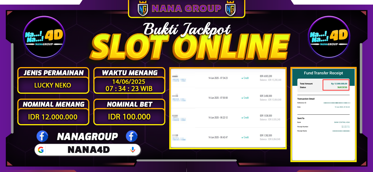 Bukti Kemenangan Besar Dibayar lunas Member NANA4D RP 12.000.000, 14 Juni 2025