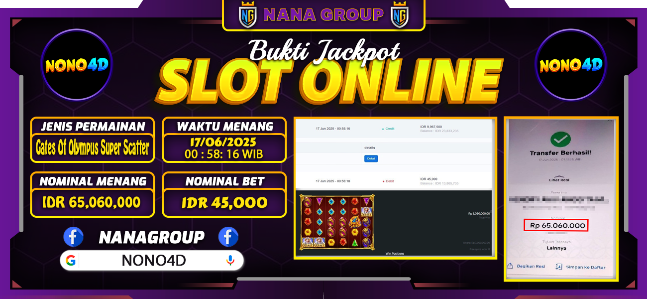 Bukti Kemenangan Besar Dibayar lunas Member NONO4D RP 65.060.000, 17 Juni 2025