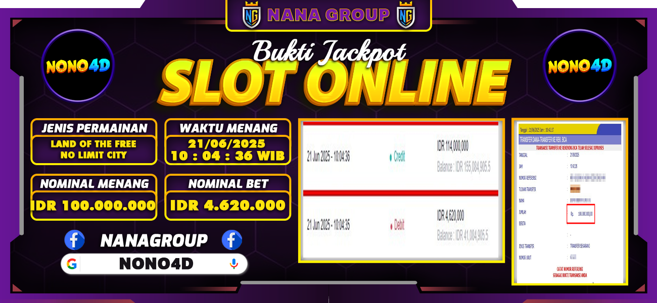Bukti Kemenangan Besar Dibayar lunas Member NONO4D RP 100.000.000, 21 Juni 2025