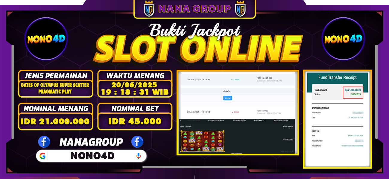 Bukti Kemenangan Besar Dibayar lunas Member NONO4D RP 21.000.000, 21 Juni 2025