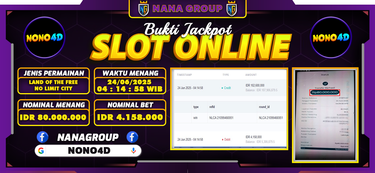 Bukti Kemenangan Besar Dibayar lunas Member NONO4D RP 80.000.000, 24 Juni 2025