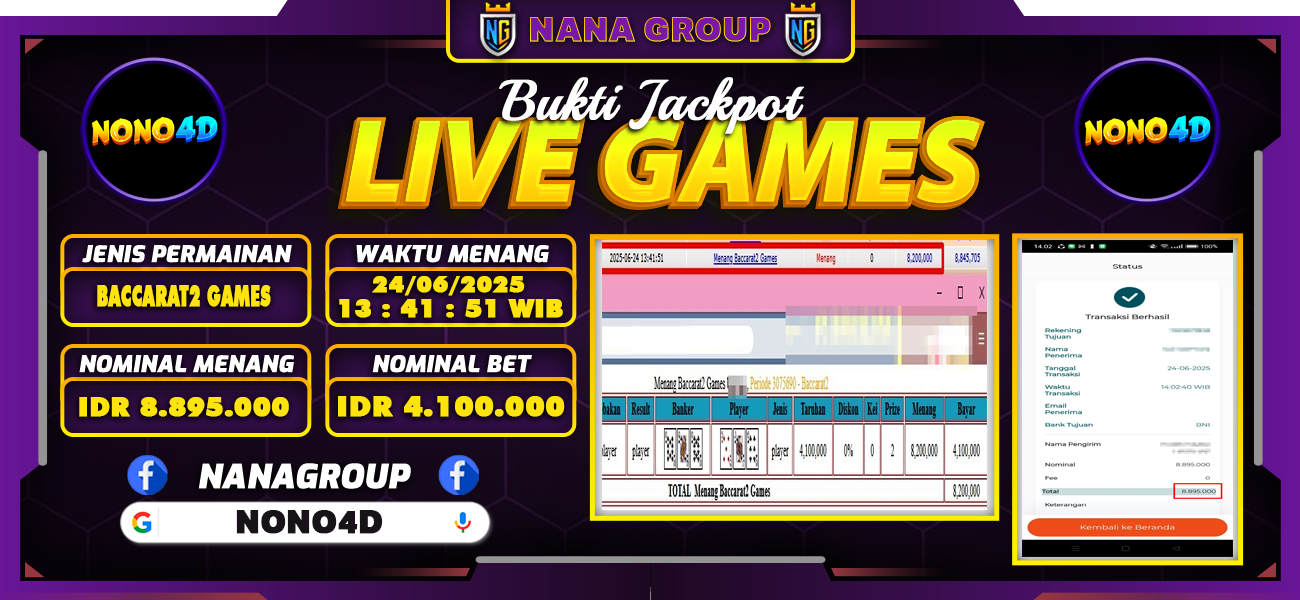 Bukti Kemenangan Besar Dibayar lunas Member NONO4D RP 8.895.000, 24 Juni 2025