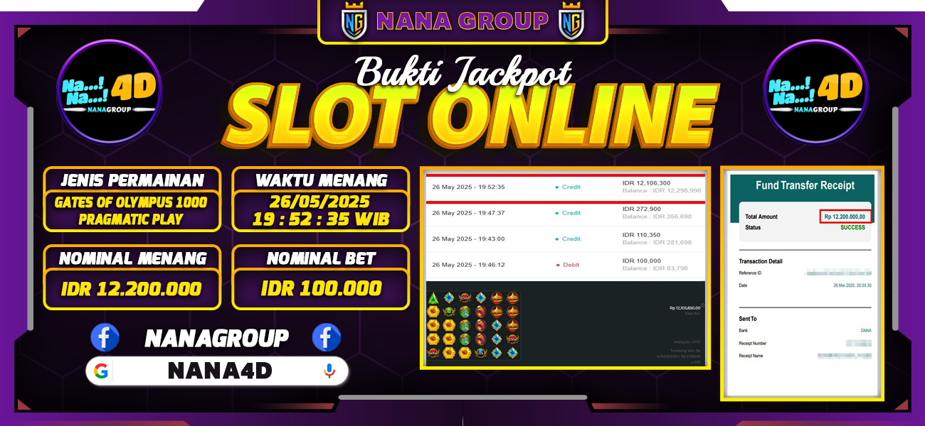 Bukti Kemenangan Besar Dibayar lunas Member NANA4D RP 12.200.000, 26 Mei 2025