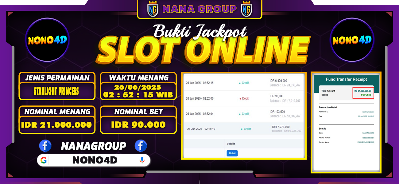 Bukti Kemenangan Besar Dibayar lunas Member NONO4D RP 21.000.000, 28 Juni 2025