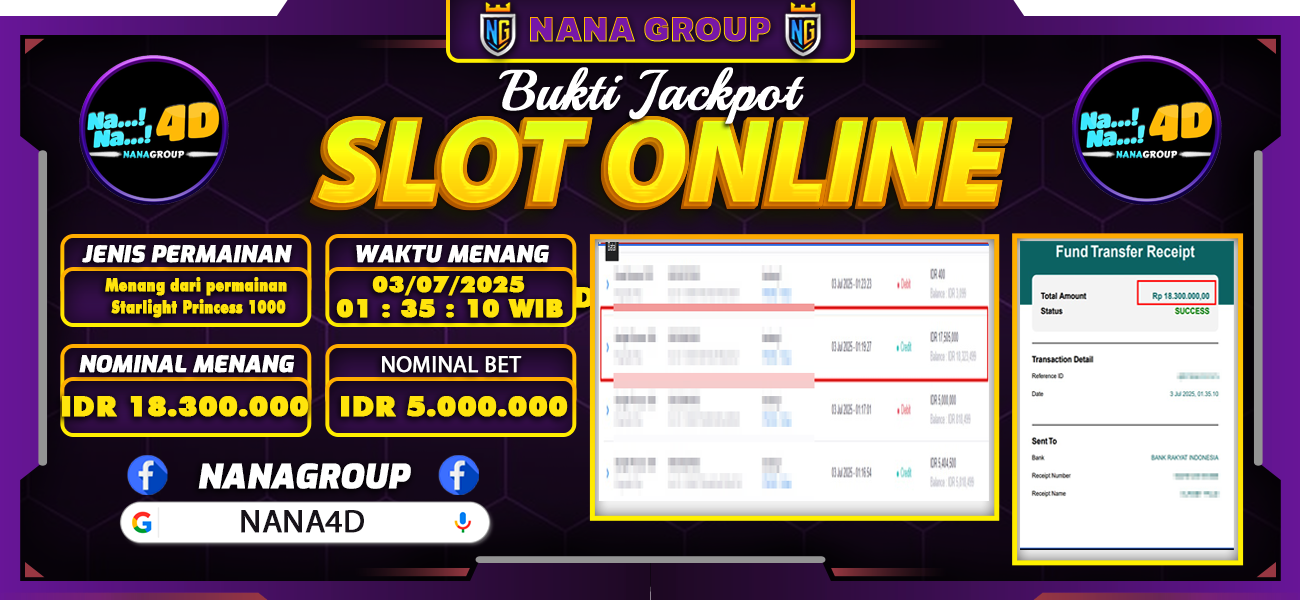 Bukti Kemenangan Besar Dibayar lunas Member NANA4D RP 18.300.000, 3 Juli 2025
