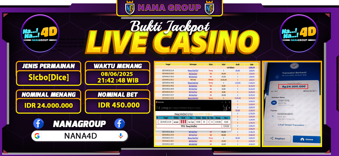 Bukti Kemenangan Besar Dibayar lunas Member NANA4D RP 24.000.000, 8 Juni 2025