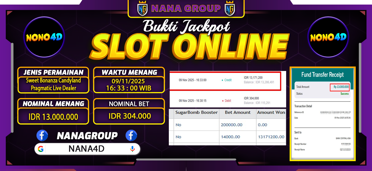Bukti Kemenangan Besar Dibayar lunas Member NANA4D RP 13.000.000, 9 November 2025