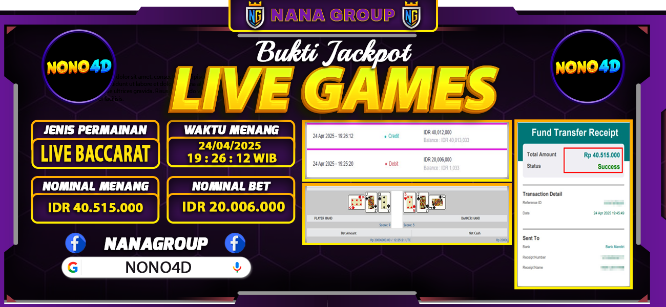 Bukti Kemenangan Besar Dibayar lunas Member NONO4D RP 40.515.000, 24 April 2025